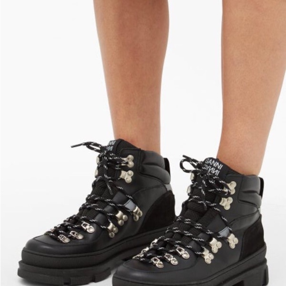 Ganni Black Chunky Lace Up Leather Hiking Hiker Boots - U.K. 4 / 5 - Picture 3 of 4